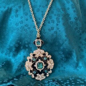 2/$15 Vintage Gold and Green and Black Pendant Necklace With Rhinestones